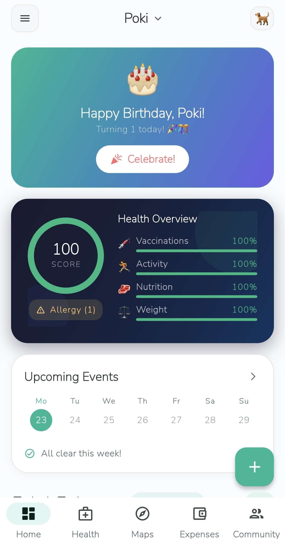 PokiPaw app dashboard showing health overview, upcoming events, and pet birthday